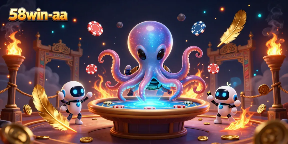 Engage in thrilling poker action at 58win-aa with a vibrant alien octopus and robot amidst cosmic elements.