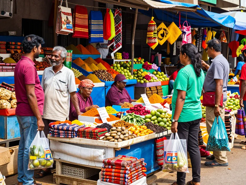 Vibrant Colombo marketplace showcasing various products, depicting the essence of Lanka Add in local commerce.