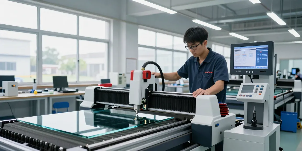 CNC glass cutting machine in action within a modern glass processing workshop, showcasing advanced technology and precision craftsmanship.