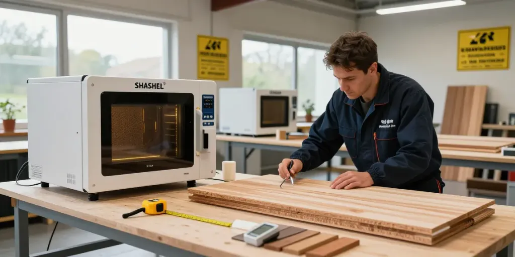 SHASHEL® microwave technology effectively treating wooden panels in a bright workshop.