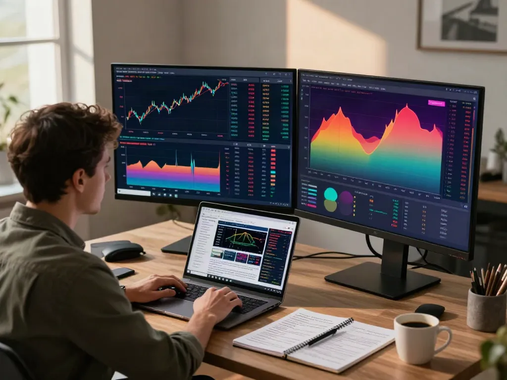 Trader using TradingView in a modern workspace with dual monitors and financial charts.