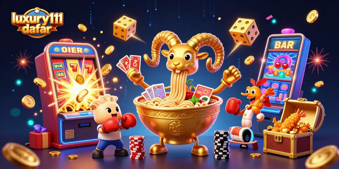 Engaging luxury111 daftar scene showcasing a golden ramen bowl as the dealer amidst vibrant casino elements like slots and jackpots