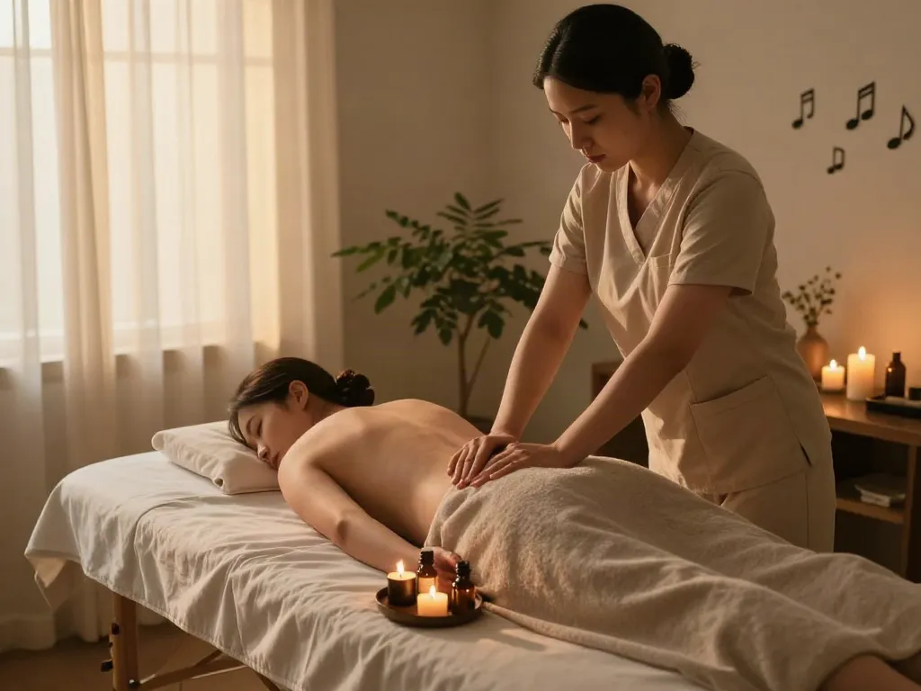 화성출장마사지 in a serene home setting with calming candles and soft lighting.