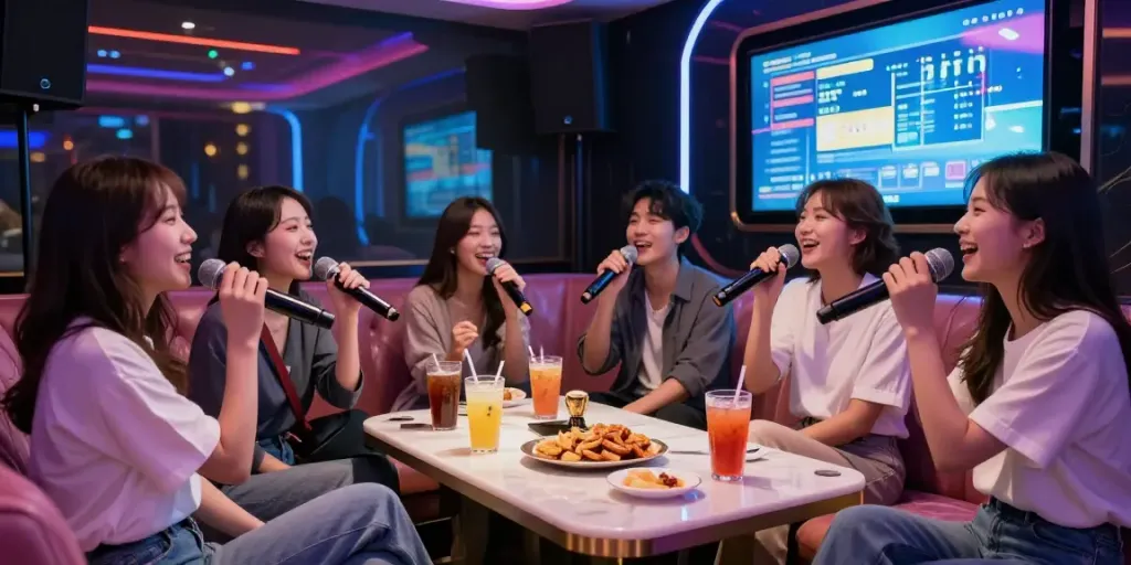 강남 달토에서 즐거운 노래를 부르는 친구들, 화려한 조명과 우아한 인테리어
