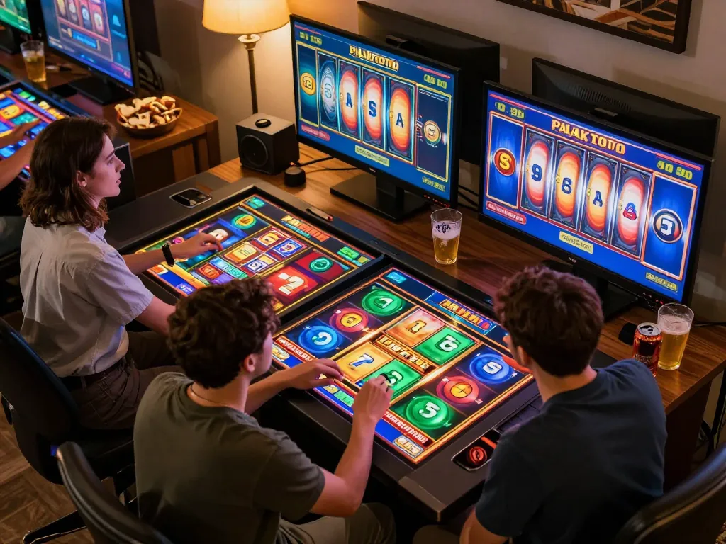Pajaktoto slot session in an engaging online casino setting, players focused with vibrant digital reels.