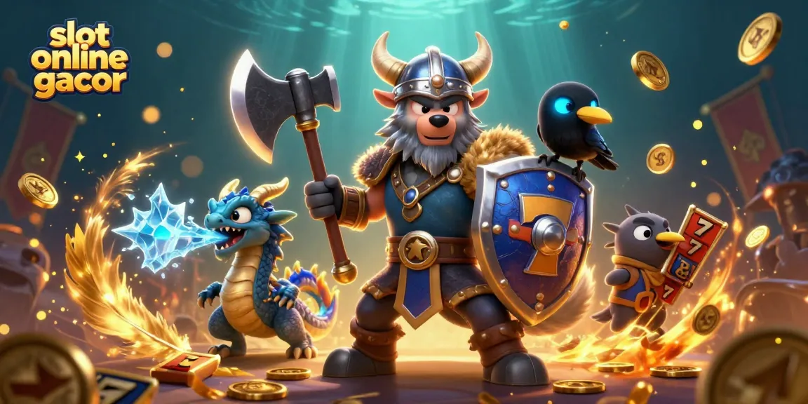 Experience excitement with slot online gacor, featuring a Viking warrior, dragon, and glowing raven in a dynamic casino scene.