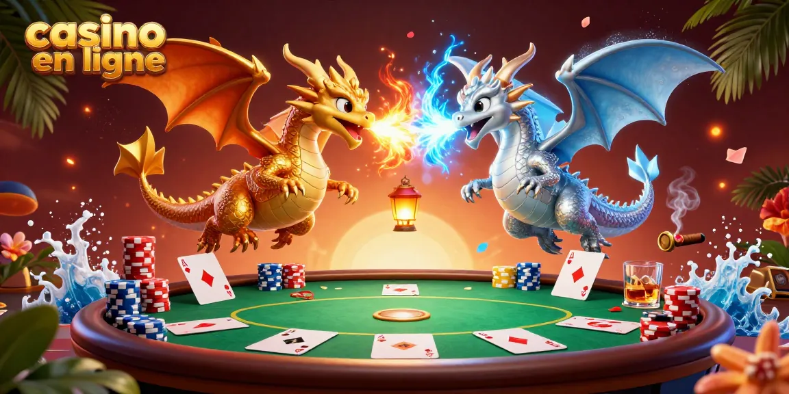 Découvrez le casino en ligne avec des dragons 3D projetant feu et glace au milieu d'un décor de poker.