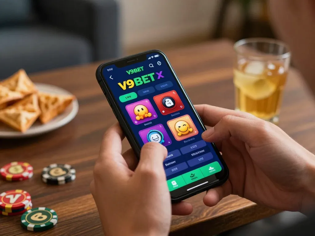 Engaging with V9BET app for live betting in a cozy home setting.