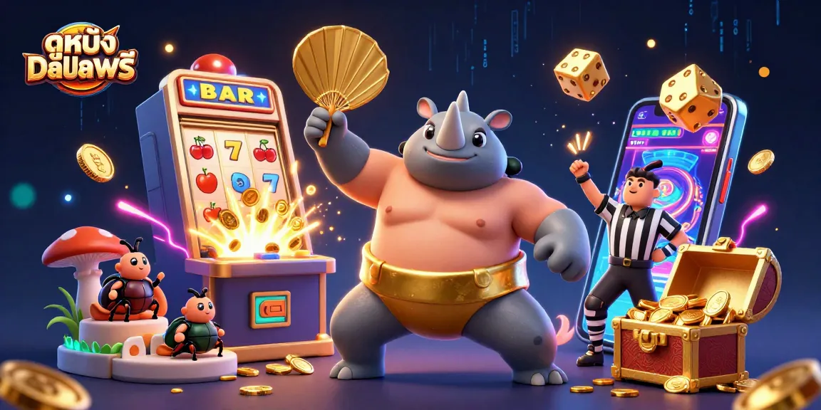 Experience ดูหนังออนไลน์ฟรี with a vibrant illustration of a sumo champion beetle amidst dazzling casino elements.