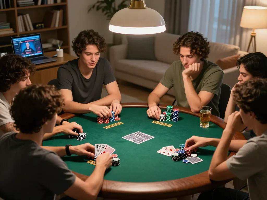 Friends play poker at home, showcasing fabet gaming ambiance, colorful chips and strategy moments.