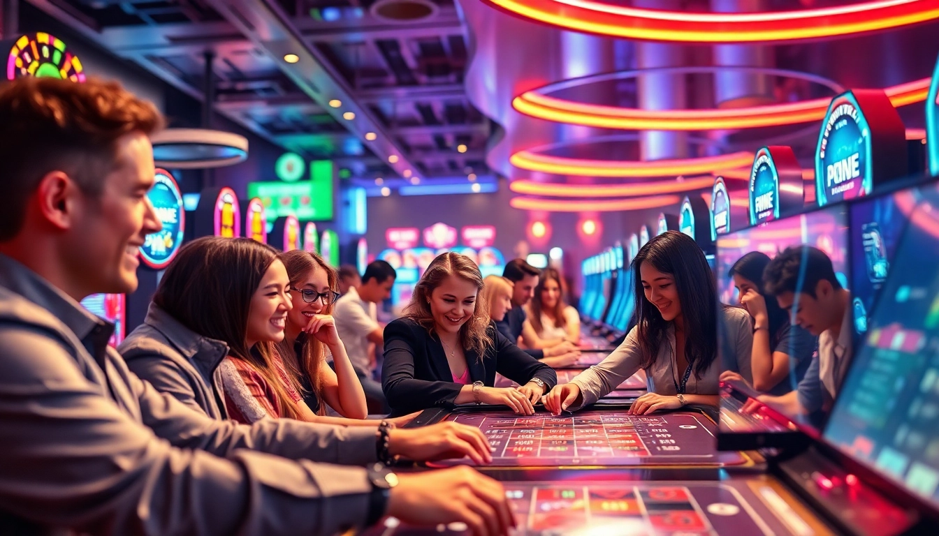 Engaged players at an energetic online casino UK table with vibrant lights and modern gaming machines.