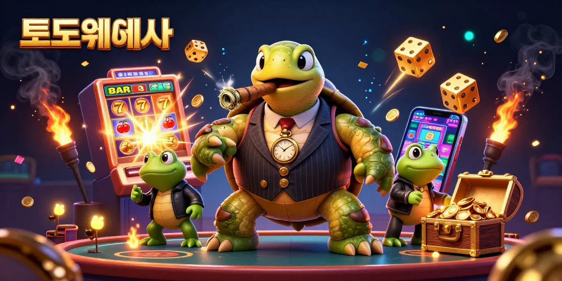 Experience the thrill of 토토사이트 with a dynamic illustration of a turtle mobster and casino elements.