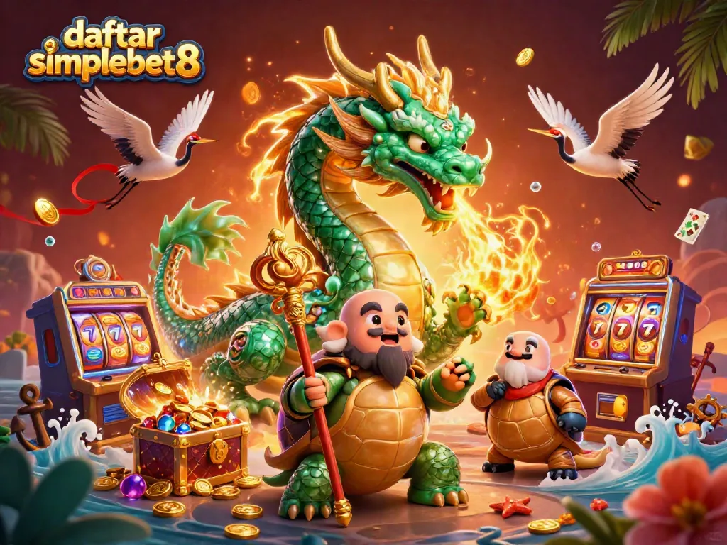 Experience the thrill of daftar simplebet8 with a vibrant dragon and lucky symbols in a captivating 3D scene.