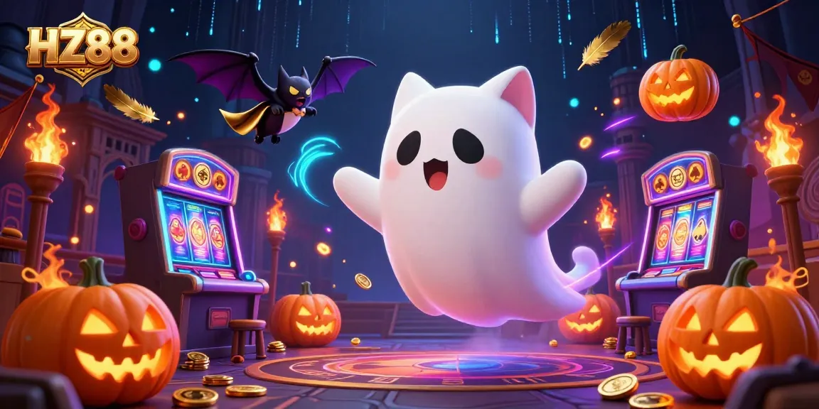 Experience thrilling online gaming with HZ88's vibrant 3D casino illustration showcasing a friendly ghost cat and casino elements.