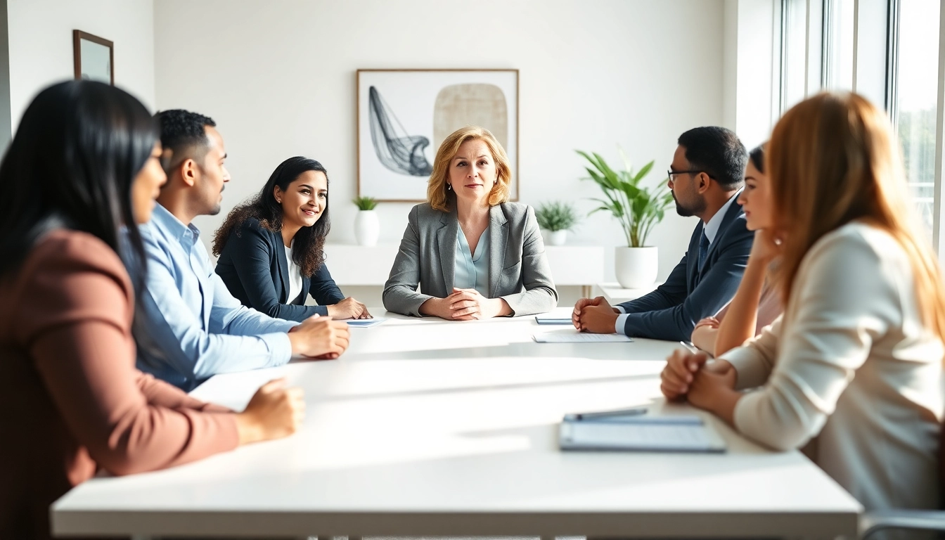 Mediation session showcasing diverse participants engaged in discussions in a bright conference room.