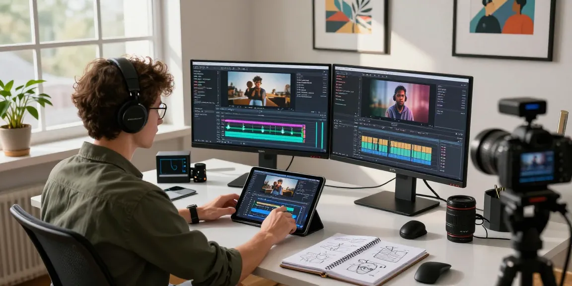 Creating an ai video prompt in a modern workspace with multiple screens and digital tools.