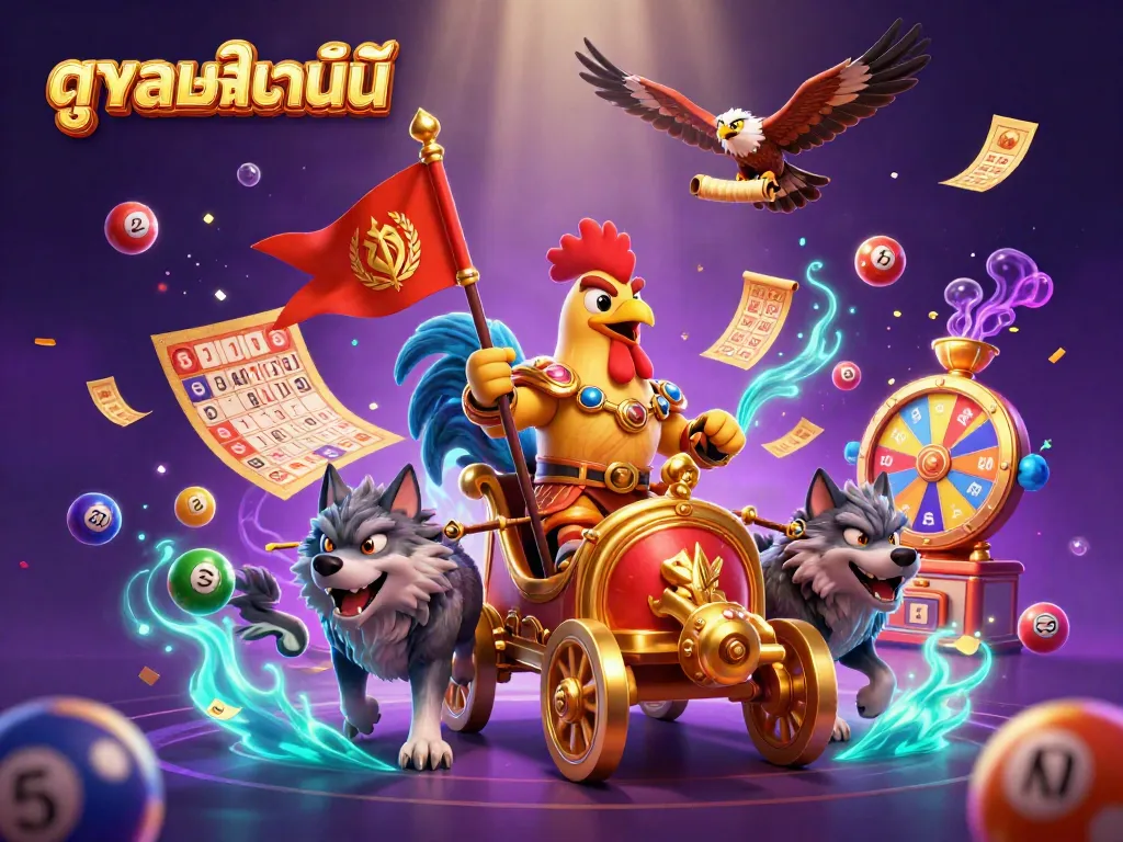 Experience ดูบอลออนไลน์ with a dynamic 3D illustration featuring a rooster warlord amidst colorful lottery elements.