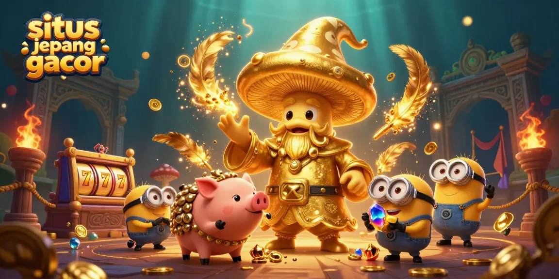 Play on situs jepang gacor with golden mushroom wizard and treasure elements in a dynamic casino scene.