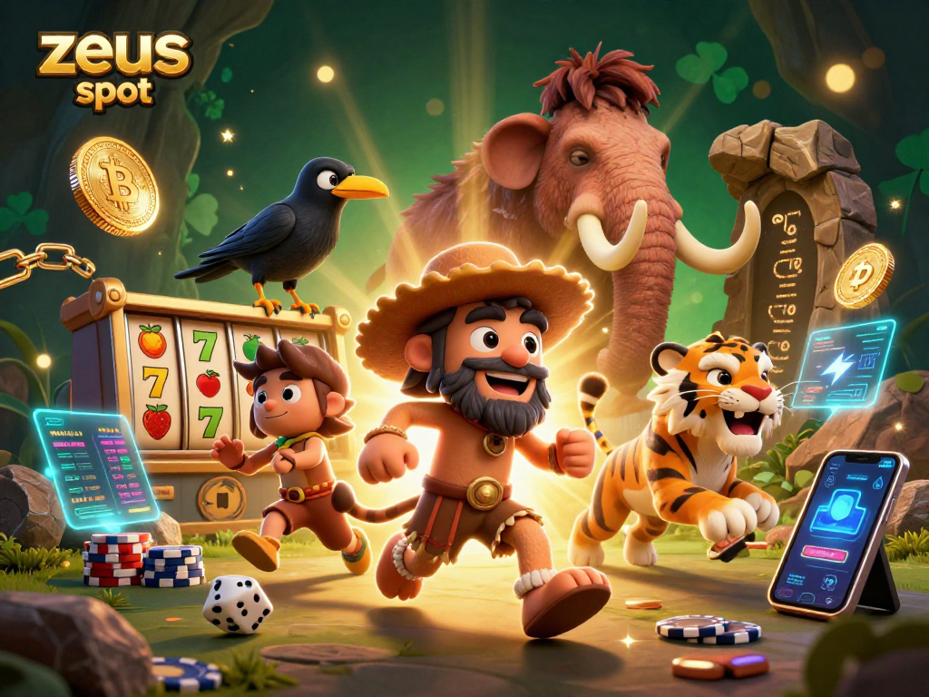 Spin to win with zeus slot at a lively prehistoric casino featuring vibrant characters and glowing crypto coins.