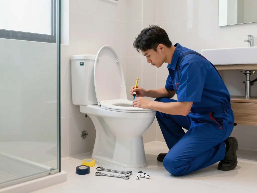 Apex Plumbing Services Parramatta area plumber inspecting a toilet installation in a bright modern bathroom, showcasing professional expertise with tools.