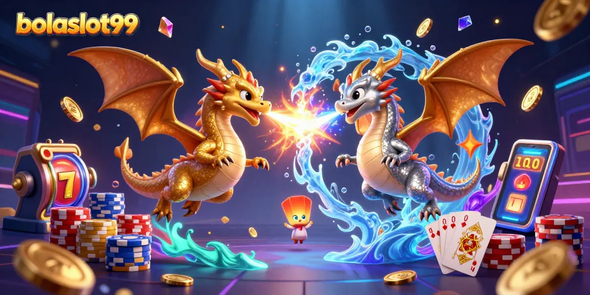 Bolaslot99 features a captivating 3D scene of twin dragons surrounded by slot machine reels and golden coins