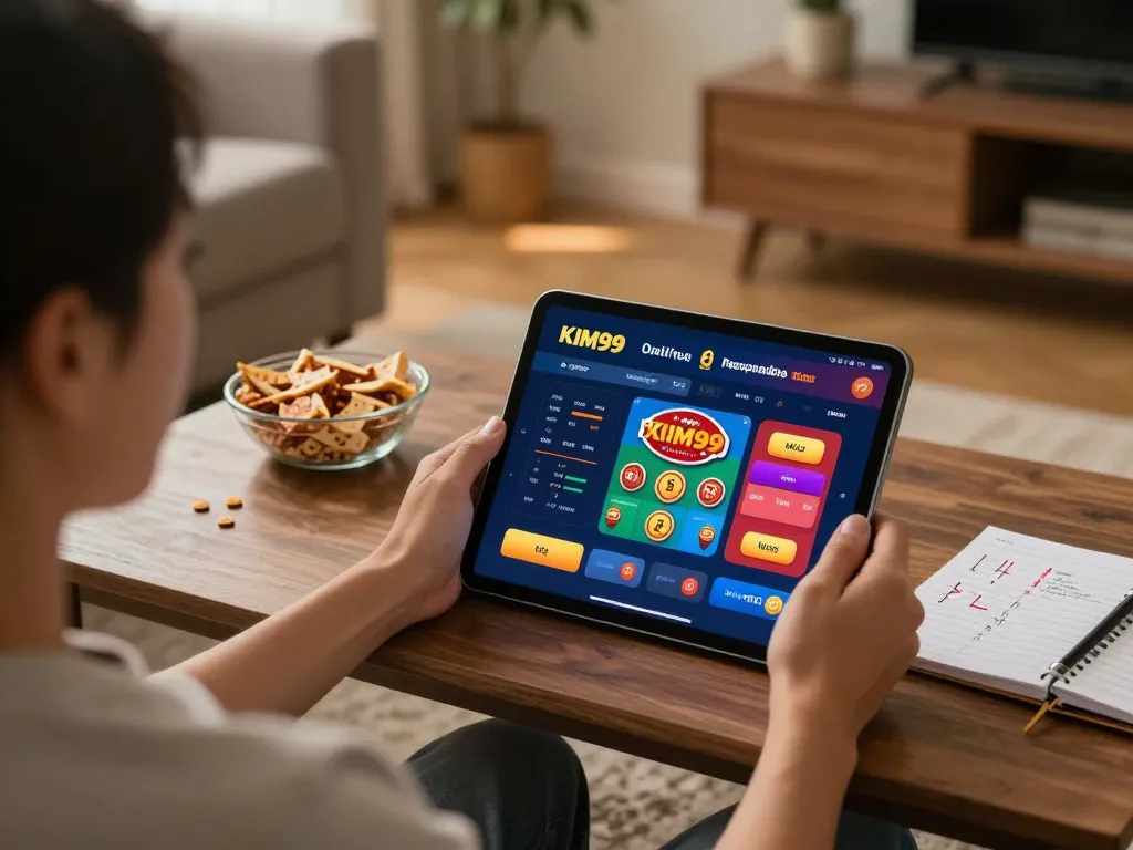 KIM99 players engaging with online casino app in a cozy home setting with betting strategies.
