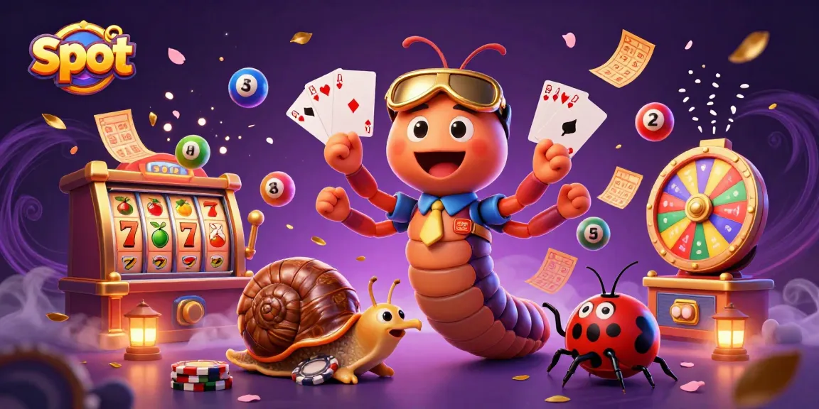 Slot berkembang dengan dealer kartun dan simbol keberuntungan di suasana kasino yang energik.