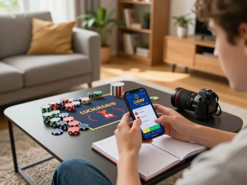 LUCK8 player engaging with the casino app on smartphone during home gaming session