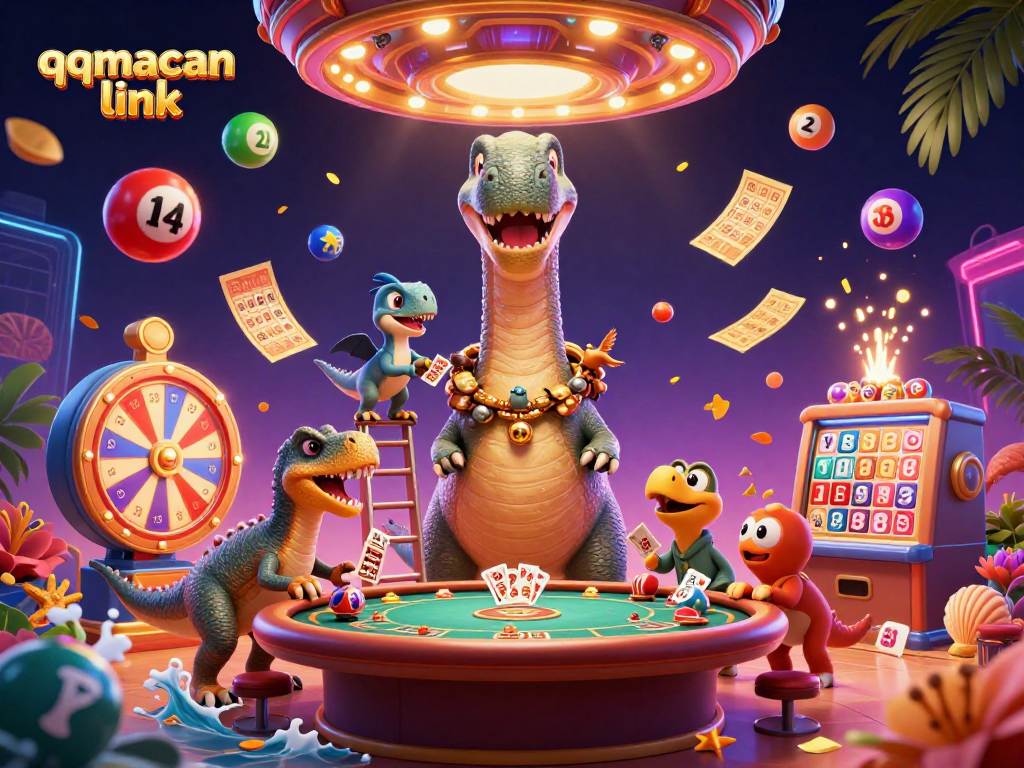 Engage with the interactive qqmacan link in this vibrant casino scene featuring lottery elements.