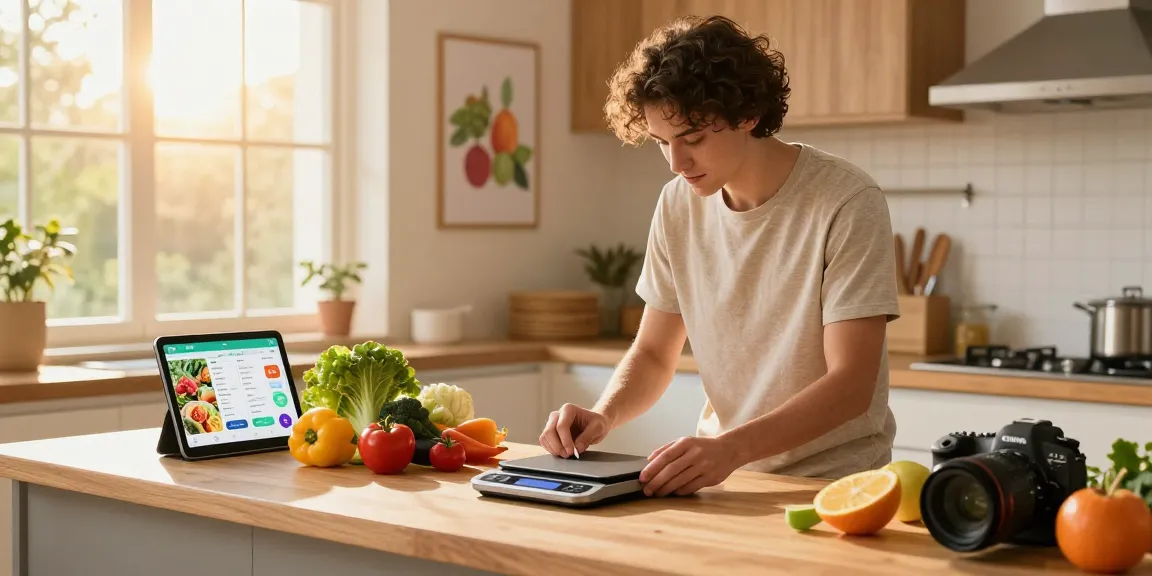 Explore the best food tracker in a bright kitchen with fresh ingredients and an AI app.