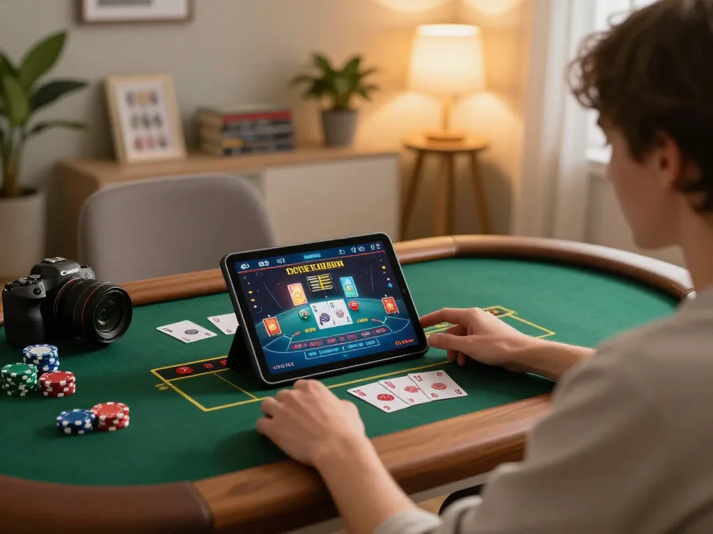 Enjoying an online gaming experience with 68gamebaivn on a tablet in a cozy home setting