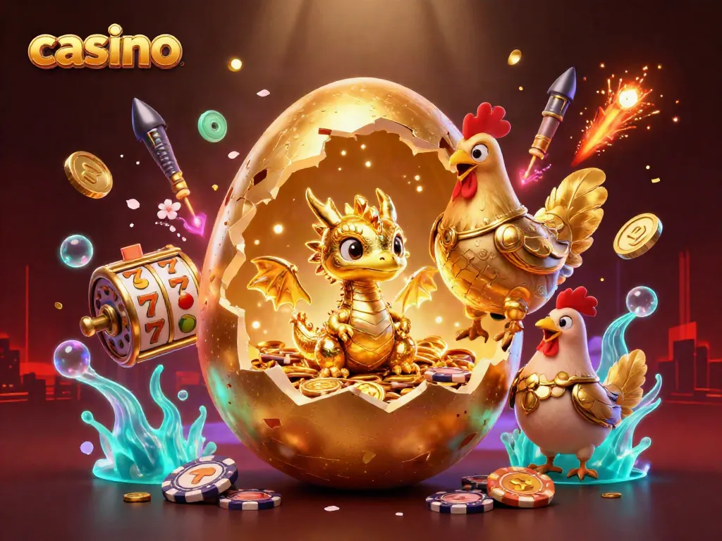 Experience the excitement of a casino with a golden dragon and poker chips in a vibrant scene.