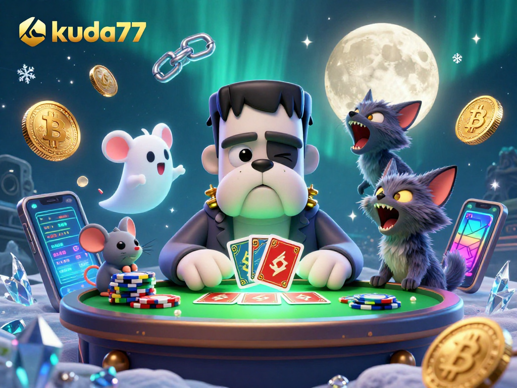 Permainan kartu di kuda77 dengan monster bulldog Frankenstein sambil menangkap peluang menang.