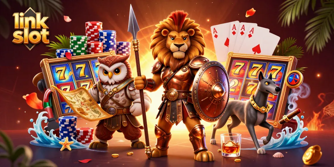 Experience the thrill of winning with link slot featuring a heroic lion and slot elements.