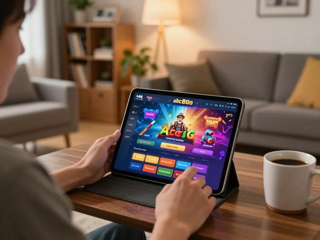 Engaging with abc8go online gaming platform from a cozy home setup, showcasing interactive gaming experience.