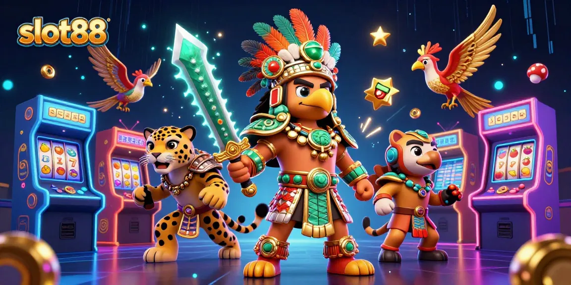 slot88 menampilkan ilustrasi kasino dengan pejuang Aztec dan simbol permainan yang cerah.