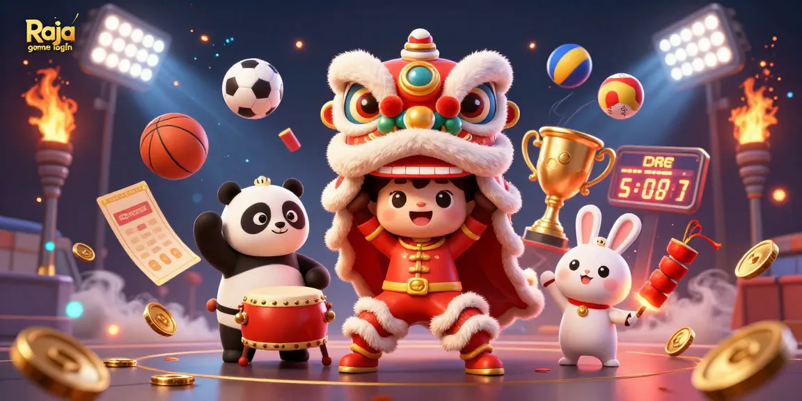 Experience Raja game login surrounded by dynamic sports elements and vibrant characters.