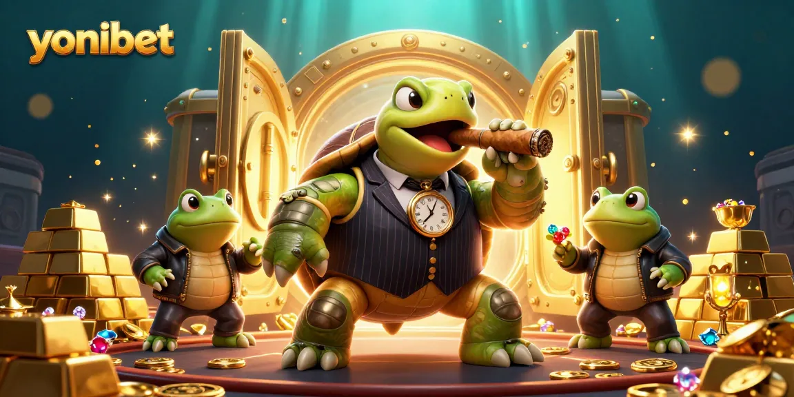 Experience exciting gambling adventures with yonibet, featuring a cartoon turtle and bullfrogs amid treasures.