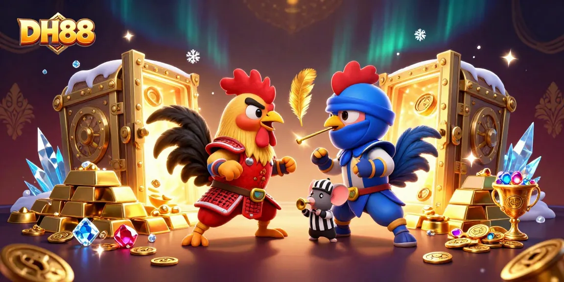 Experience thrilling action with DH88 in a dynamic 3D rooster battle scene featuring a referee amidst treasures.