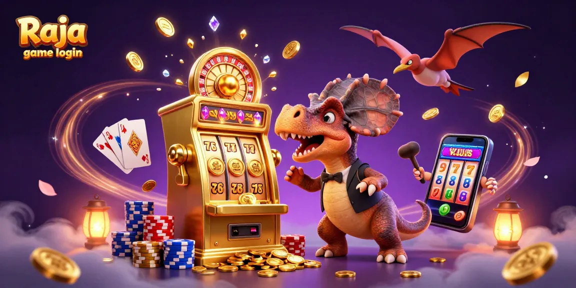 Experience thrilling jackpots with Raja game login as pachycephalosaurus interacts with a golden slot machine.