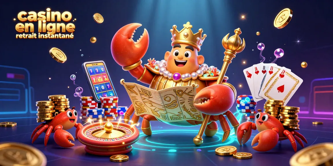 Explorez le casino en ligne avec retrait instantané, illustré par un crabe doré et des jetons.
