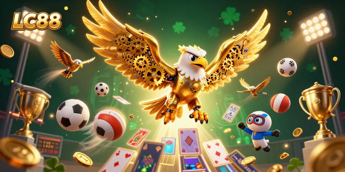 Engage with exciting gaming opportunities at LC88 with vibrant casino elements surrounding dynamic characters.