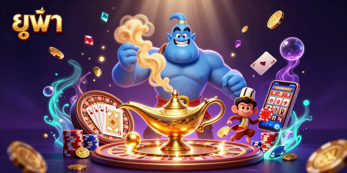 Experience the excitement of ยูฟ่า with a vibrant 3D scene of a genie, poker chips, and dynamic casino elements.