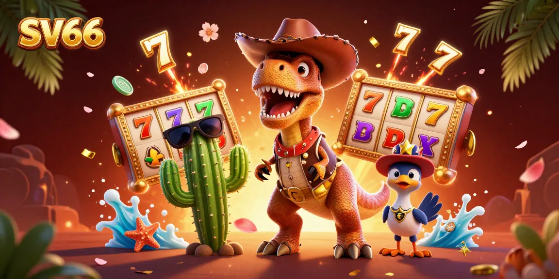 Experience thrilling gameplay at SV66 with vibrant slot reels and charismatic casino characters.