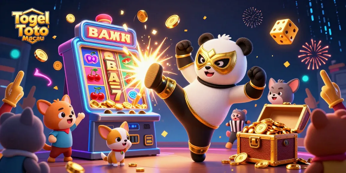 Togel Toto Macau showcases a vibrant 3D scene with a panda wrestler and lively animal crowd celebrating a jackpot.
