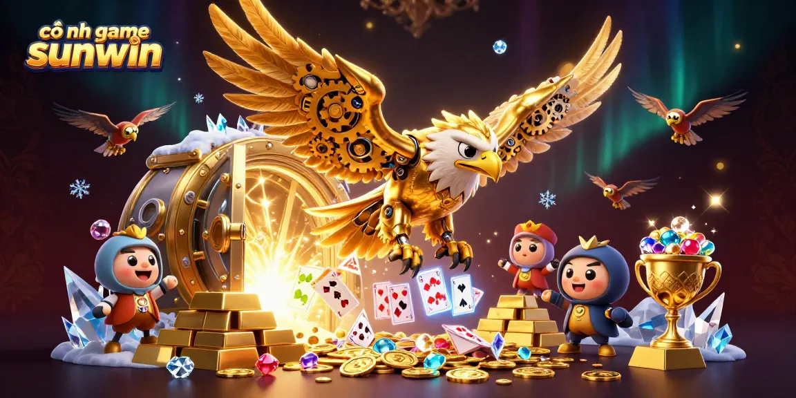 Experience the excitement at cổng game sunwin with holographic cards and golden treasures in a vibrant 3D scene.