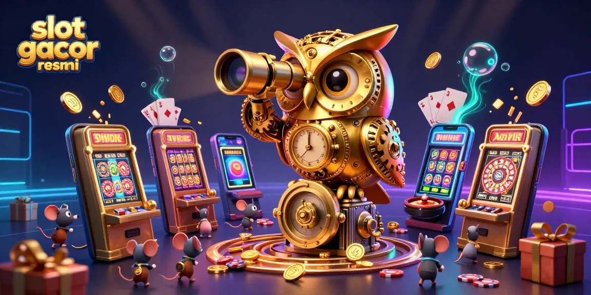 Experience slot gacor resmi in action as a golden owl scans a vibrant casino floor filled with games.