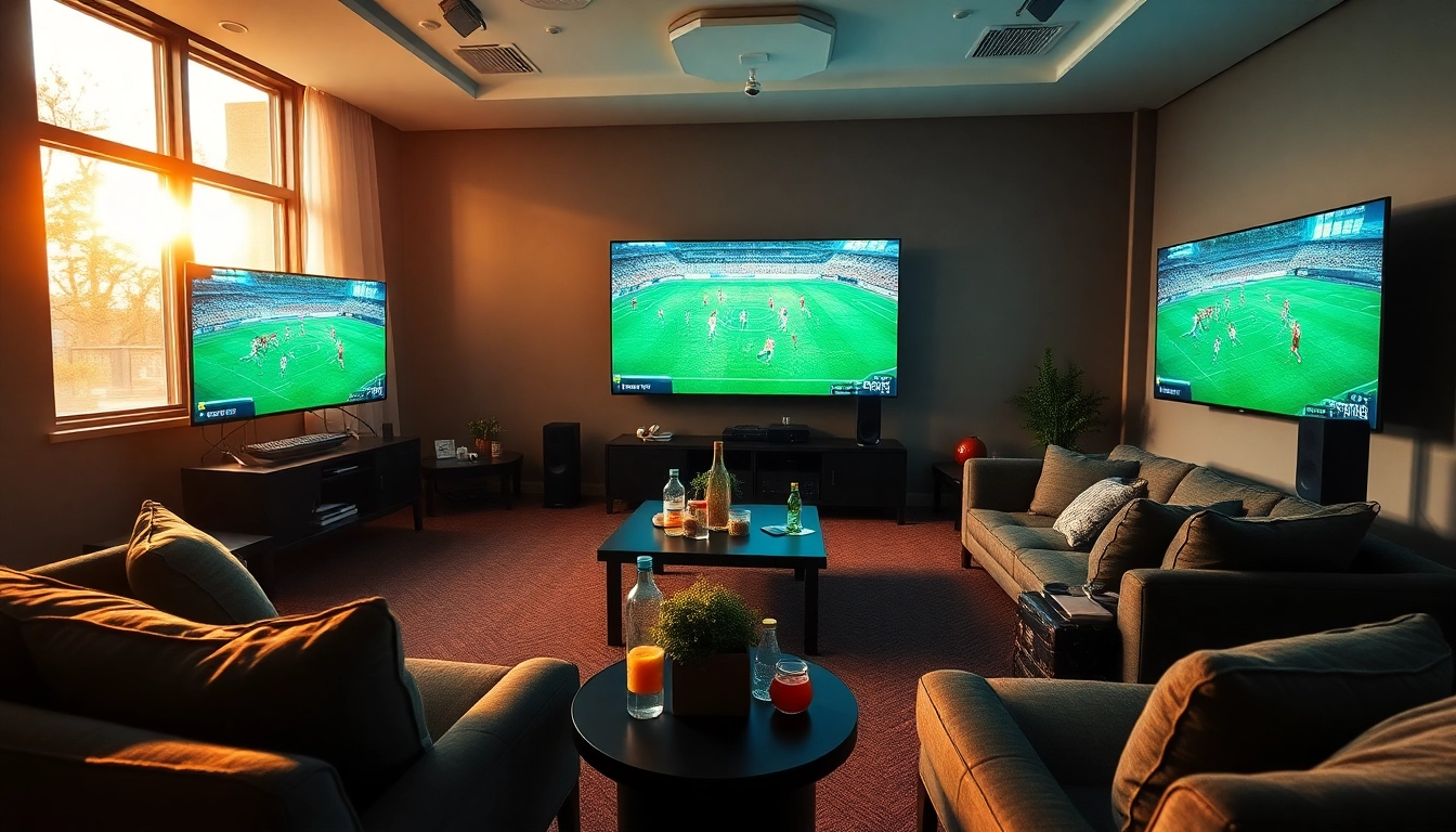 Menampilkan bolakami dengan suasana nyaman di ruang streaming olahraga, penuh dengan kebahagiaan.