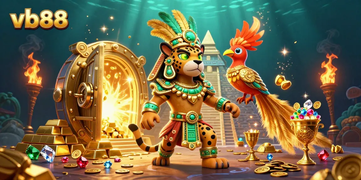 Experience vb88's vibrant Mayan-themed casino illustration featuring dazzling treasures and dynamic characters.