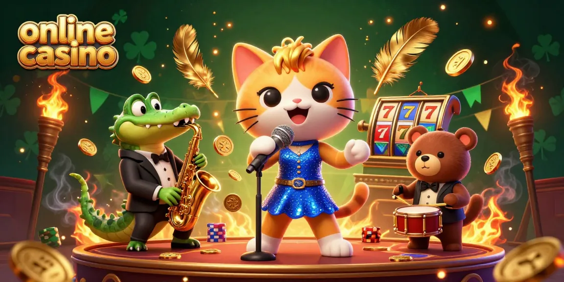 Engage in an online casino experience with a lively jazz-singer cat, saxophone crocodile, and drumming bear.